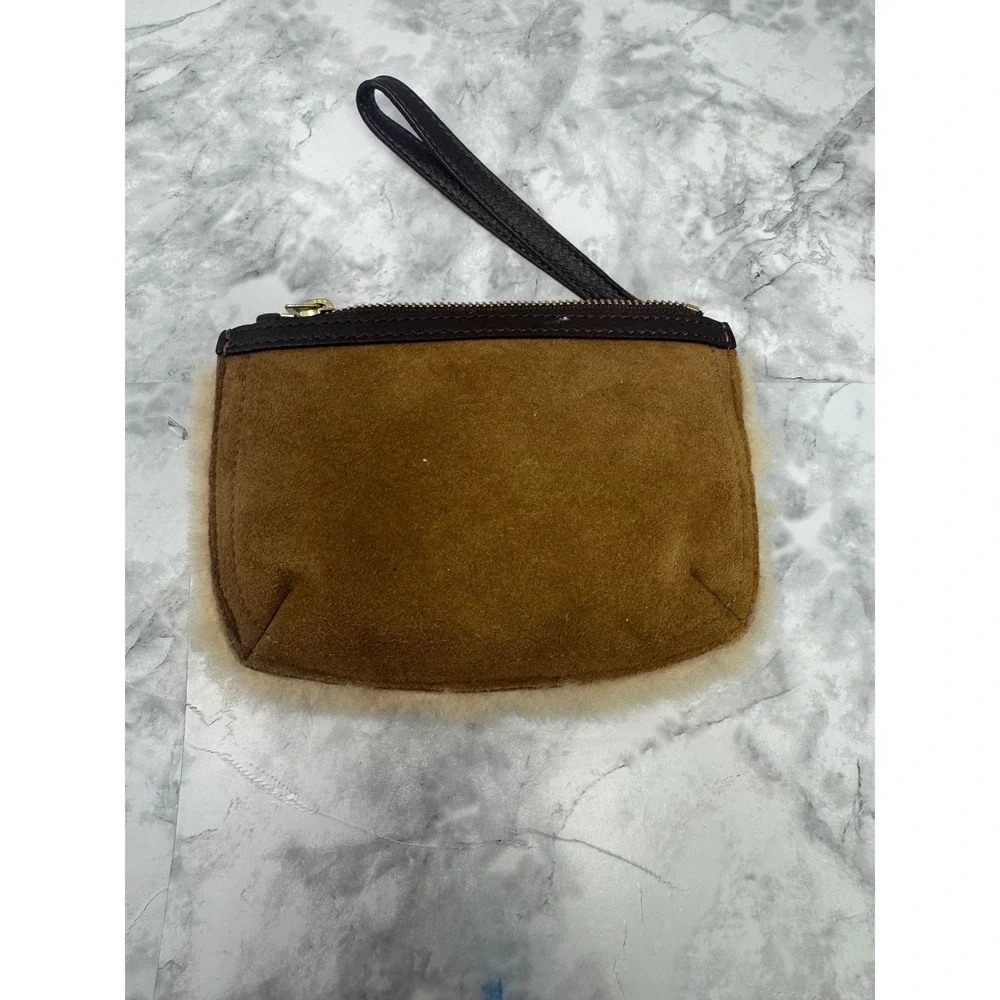 UGG‎ Australia Suede Shearling 🤎Wristlet Pouch Chestnut Brown Leather Trim Logo